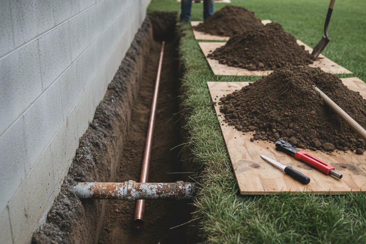 Excavated water line trench during Water Heater Repair in Falls Church